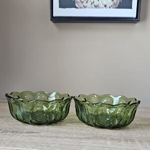 Pair Of Elegant Green Glass Bowls with Scalloped Design 6inch Diameter